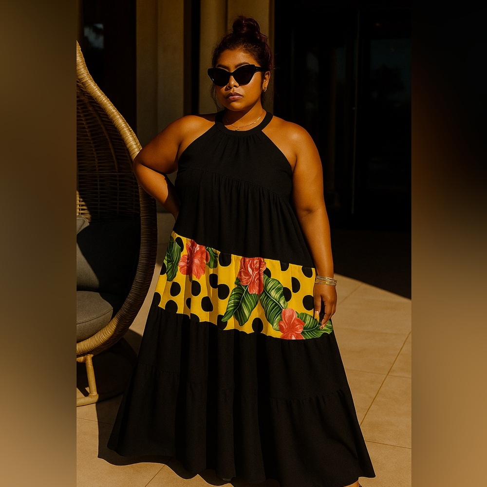 Floral Black and Yellow Maxi Dress
